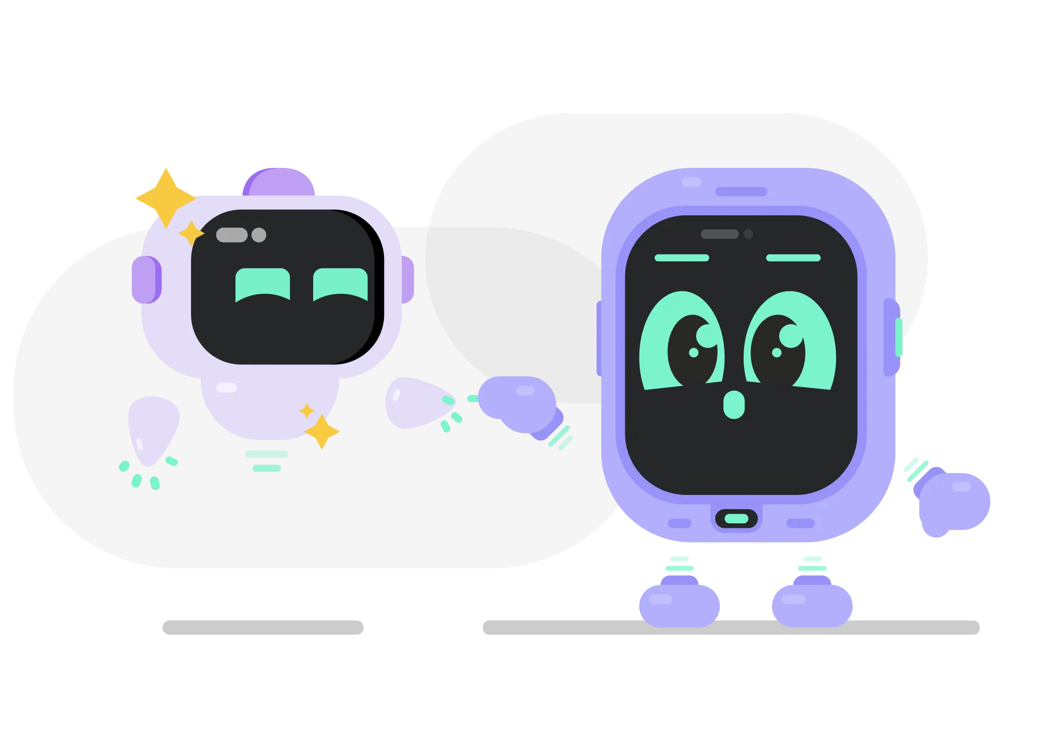 Een grote, gestileerde cartoonrobot reikt uit naar een kleinere, glimmende robot die lijkt te zweven. Dit is een visuele metafoor voor een van de microlearnings over AI-geletterdheid van het platform die medewerkers helpen veiliger te werken met informatie.